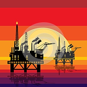 Offshore oil platform design concept set with petroleum. Helipad, cranes, derrick, hull column, lifeboat, workshop and manifold