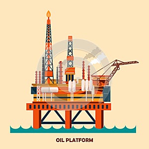 Offshore oil platform design concept set with petroleum. Helipad, cranes, derrick, hull column, lifeboat, workshop, manifold