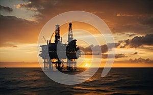 Offshore oil platform on the open sea in the early evening.