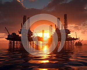 Offshore oil platform at sunset.