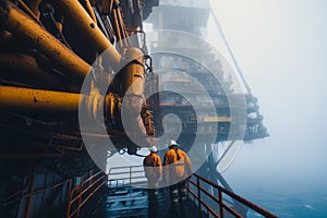 offshore oil production platform conducts routine maintenance and inspections. Misty with calm seas in morning, Generative AI