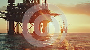 Offshore oil rig anchored platforms drilling for oil in ocean floor