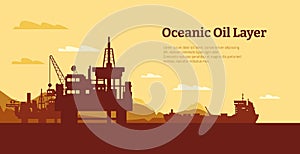 Offshore oil rig background. Oil platform with derrick and crane, oil and gas extraction industrial concept. Vector illustration