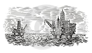 Offshore oil rig engraving style illustration. Sea oil drilling. Vector.