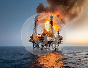 An offshore oil rig engulfed in fierce flames and billowing smoke, set against a calm ocean photo