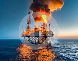 An offshore oil rig engulfed in fierce flames and billowing smoke, set against a calm ocean photo