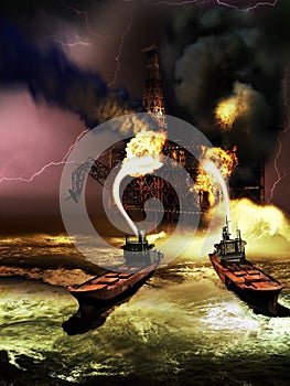 Offshore oil rig on fire