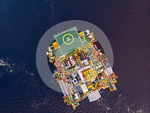 Offshore oil rig Installation of equipment sea, aerial top view