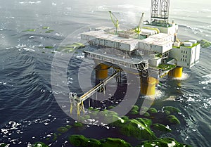 Offshore oil rig platform in the ocean against a cloudy sky. Energy extraction infrastructure, industrial marine scene