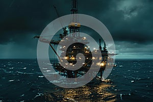 Offshore oil rig platform in stormy sea at night