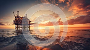 Offshore oil and rig platform in sunset or sunrise time. Construction of production process in the sea, generative ai