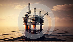 Offshore oil and rig platform in sunset or sunrise time. Drilling for gas and petroleum process in the sea or the ocean