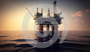 Offshore oil and rig platform in sunset or sunrise time. Drilling for gas and petroleum process in the sea or the ocean