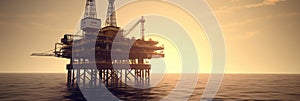 Offshore oil and rig platform in sunset or sunrise time. Drilling for gas and petroleum process in the sea or the ocean