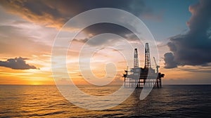 Offshore oil and rig platform in sunset or sunrise time. Drilling for gas and petroleum process in the sea or the ocean