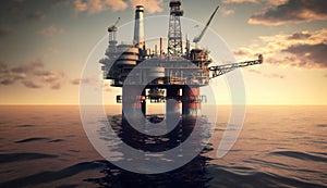 Offshore oil and rig platform in sunset or sunrise time. Drilling for gas and petroleum process in the sea or the ocean