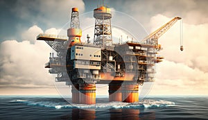 Offshore oil and rig platform in sunset or sunrise time. Drilling for gas and petroleum process in the sea or the ocean