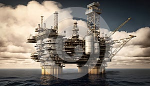 Offshore oil and rig platform in sunset or sunrise time. Drilling for gas and petroleum process in the sea or the ocean