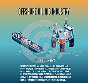 Offshore Oil Rig and tanker Isometric Composition with well drilling, Jack-up drilling rigs  and tanker.