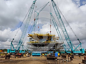 Offshore platform fabricate in onshore,Preparation of Offshore oil rig platform for oil and gas. A view of offshore platform on a