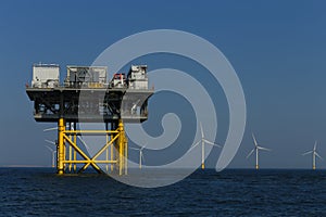 Offshore platform windmills of Rampion windfarm off the coast of Brighton, Sussex, UK