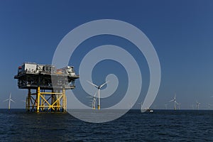 Offshore platform windmills of Rampion windfarm off the coast of Brighton, Sussex, UK