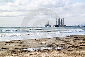 Offshore platforms in the sea Sea near Baku, Azerbaijan