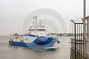 Offshore survey and ROV vessel Deep Helder arriving in New Bedford on rainy afternoon