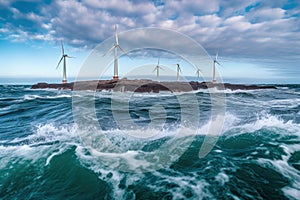 Offshore wind farm on a small rocky island in the middle of a stormy north sea. Beautiful seascape with the wind