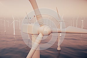 Offshore wind farm turbines caught in sunset sky. Beautiful contrast with the blue sea. ecological concept. 3d rendering