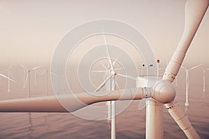 Offshore wind farm turbines caught in sunset sky. Beautiful contrast with the blue sea. ecological concept. 3d rendering