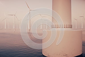 Offshore wind farm turbines caught in sunset sky. Beautiful contrast with the blue sea. ecological concept. 3d rendering