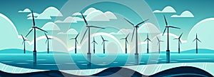 offshore wind farm with turbines in sea or ocean renewable water station energy production alternative power generation