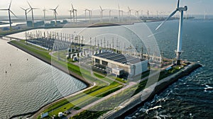 Offshore wind farm with turbines and substation