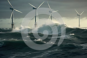 Offshore wind farms next to the deserted wild rocks in the middle of a stormy northern sea. Beautiful gloomy seascape