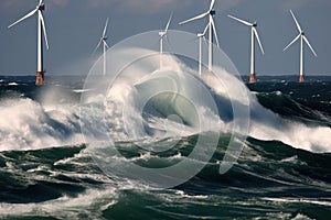 Offshore wind farms next to the deserted wild rocks in the middle of a stormy northern sea. Beautiful gloomy seascape