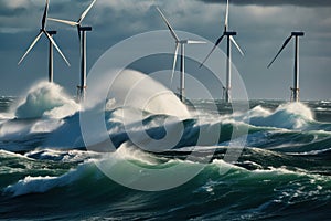 Offshore wind farms next to the deserted wild rocks in the middle of a stormy northern sea. Beautiful gloomy seascape