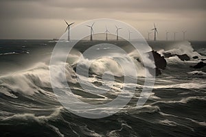 Offshore wind farms next to the deserted wild rocks in the middle of a stormy northern sea. Beautiful gloomy seascape