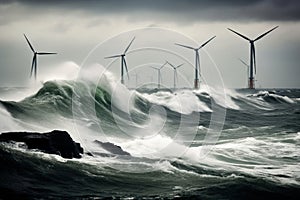 Offshore wind farms next to the deserted wild rocks in the middle of a stormy northern sea. Beautiful gloomy seascape