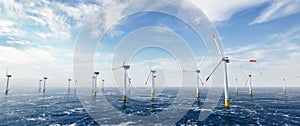 Offshore wind power and energy farm with many wind turbines on the ocean photo