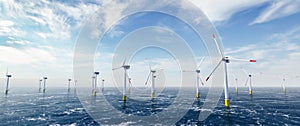 Offshore wind power and energy farm with many wind turbines on the ocean