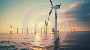 Offshore wind power farm with many wind turbines in the open sea with sunset light