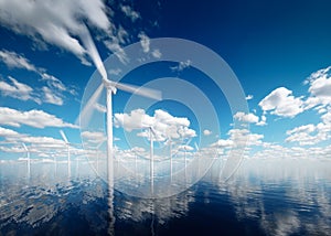 Offshore wind power plants with calm afternoon partly cloudy sky