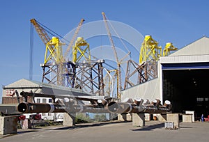 An offshore wind turbine base construction site on the River Tyne