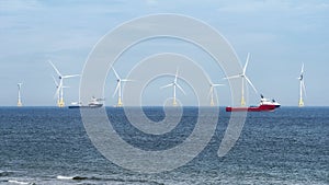 Offshore wind turbine farm on Scotland coast of Aberdeen