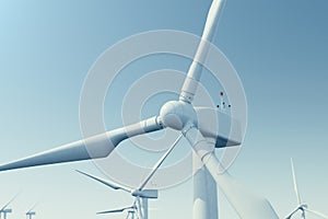 Offshore wind turbine farm in the sea, ocean. Clean energy, wind energy, ecological concept. 3d rendering