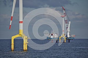 Offshore wind turbine installation with crane