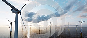 Offshore wind turbines farm on the ocean. Sustainable energy photo