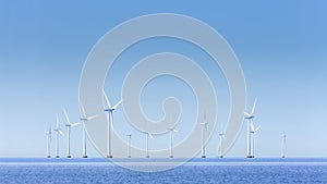 Offshore Wind Turbines Farm panorama.