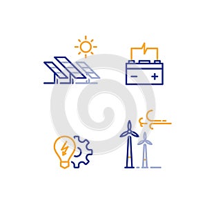 Offshore wind turbines and solar panels line icon, green energy concept logo